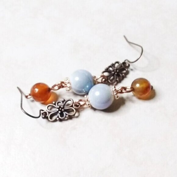 Mid-Length Dangle Earrings: Copper + Ceramic + Agate Beads! Casual Boho Chic! - Picture 3 of 6